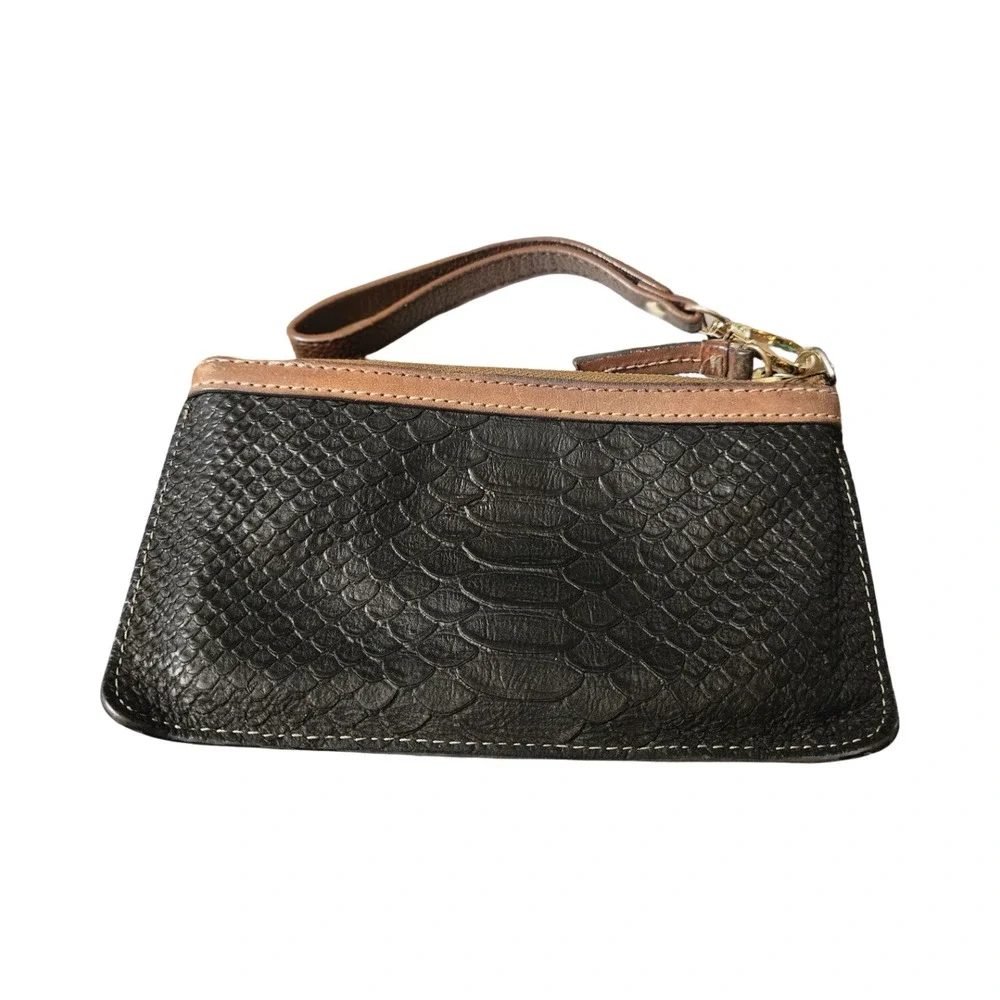 Dooney‎ & Bourke Black Snakeskin Embossed Leather Wristlet Clutch Tan Trim
